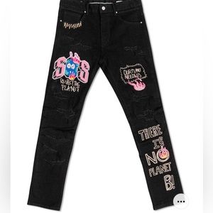 First Row SAVE OUR PLANET CHENILE PATCH SLIM FIT PANTS.   NWT